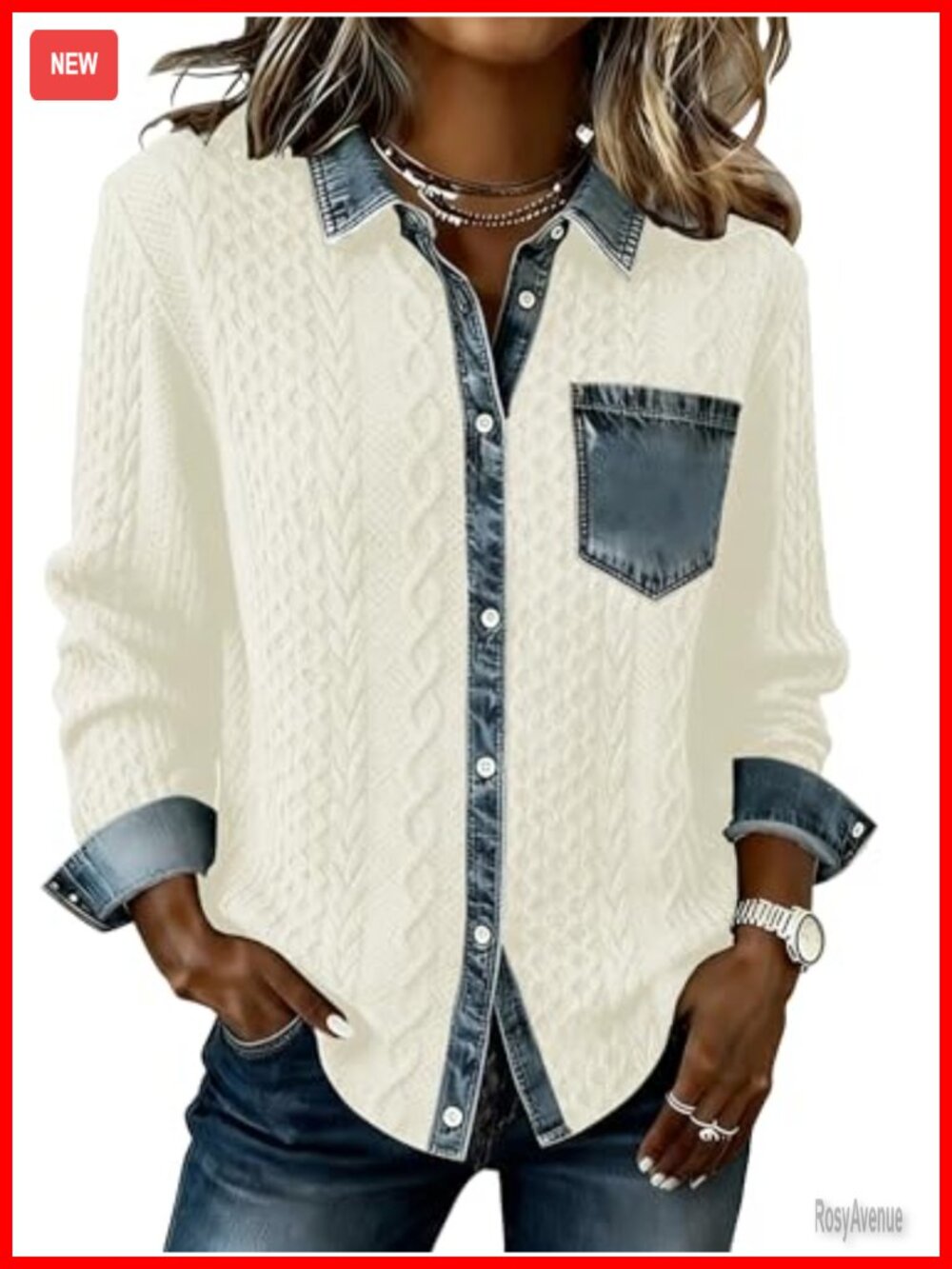 Women's Patchwork Cable Knit Shacket 95% Polyester 5% Spandex Fall Winter